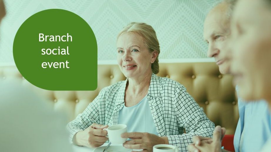 An image of a woman holding coffee mug and a man with coffee mug on the table next to him and a blurry image of a woman with Branch Social Event written on it.